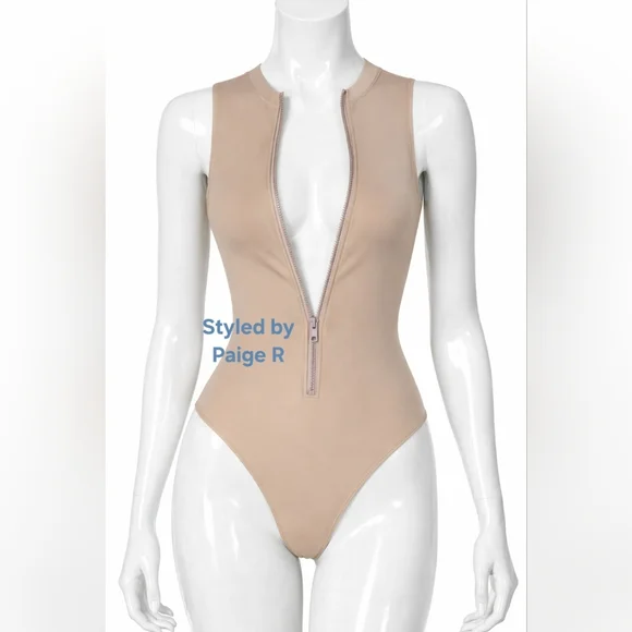 ⛱️NWT SKIMS 1 pc Sleeveless high neck zip front tank swimsuit Nude DESERT 3X - Picture 2 of 8